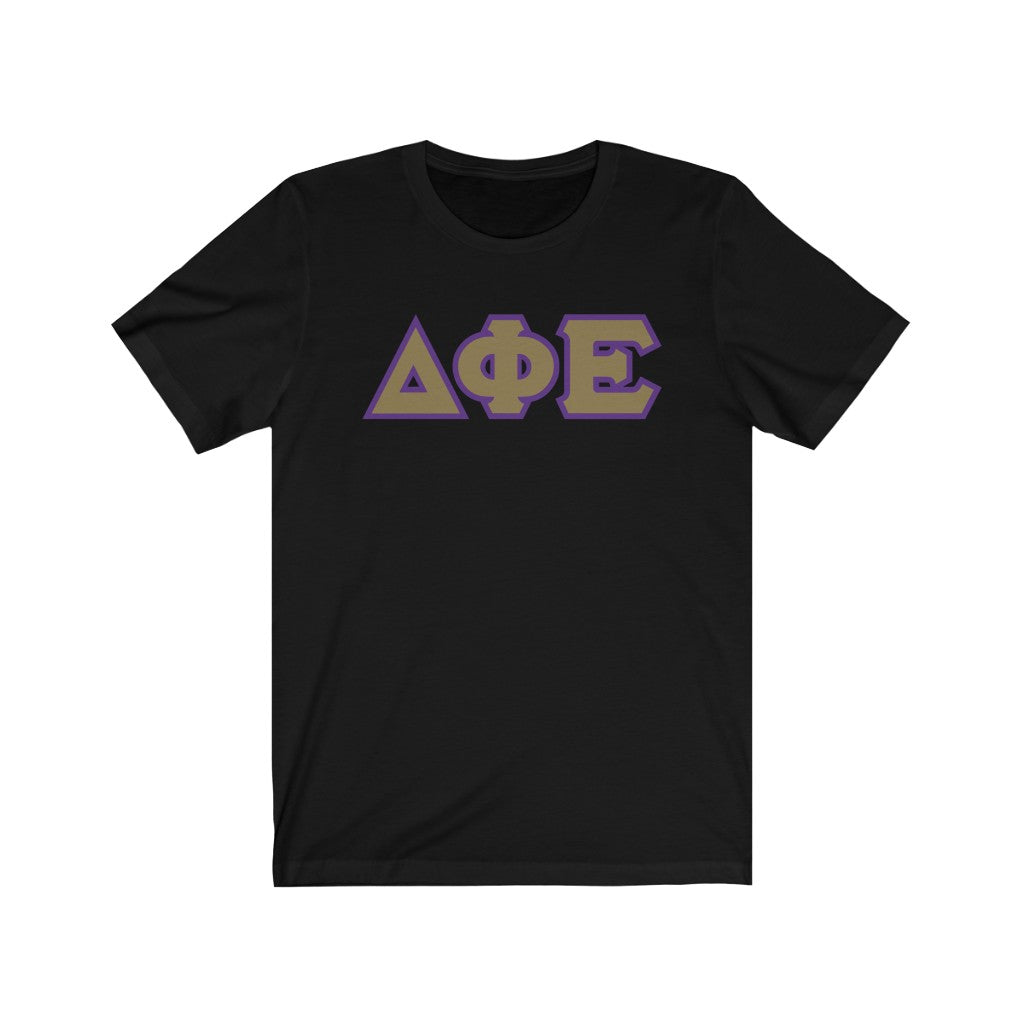 Delta Phi Epsilon Printed Letters | Gold with Purple Border T-Shirt