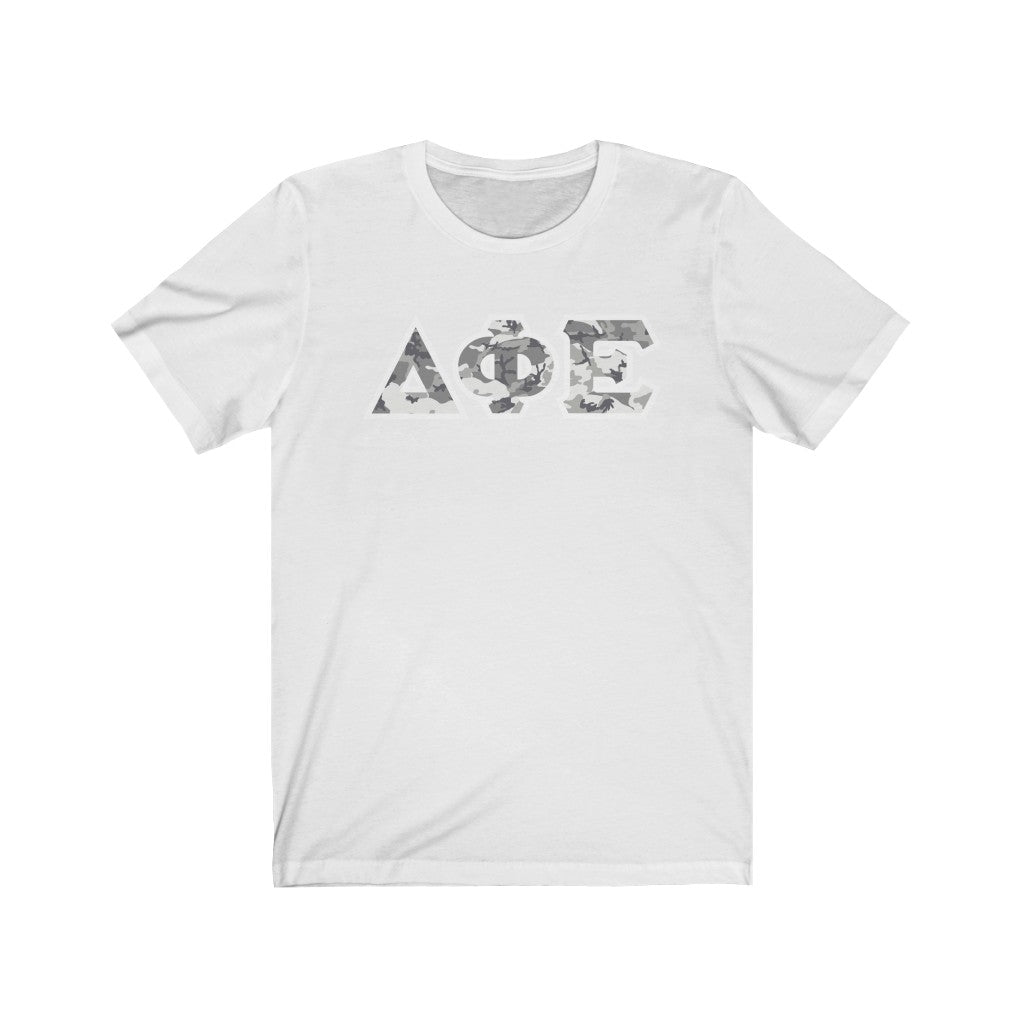 Delta Phi Epsilon Printed Letters | Winter Camo T-Shirt