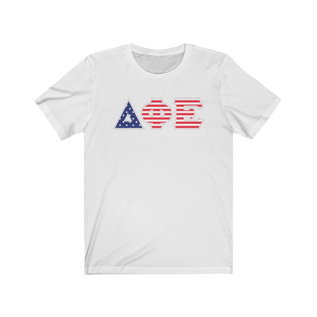 Delta Phi Epsilon Printed Letters | American Flag Pattern T-Shirt