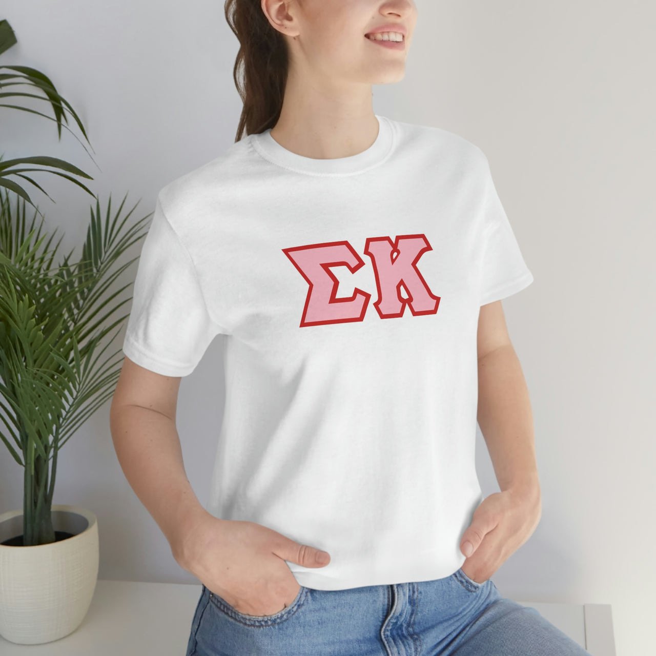 Sigma Kappa Stitched Letter T-Shirt | Red with Pink Border (Conference Pre-Sale)