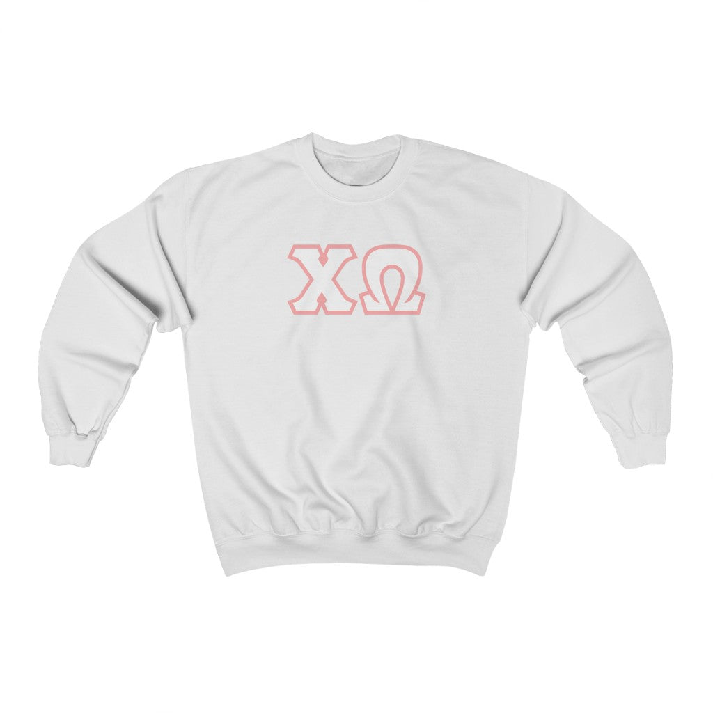 Chi Omega Printed Letters | White with Pink Border Crewneck