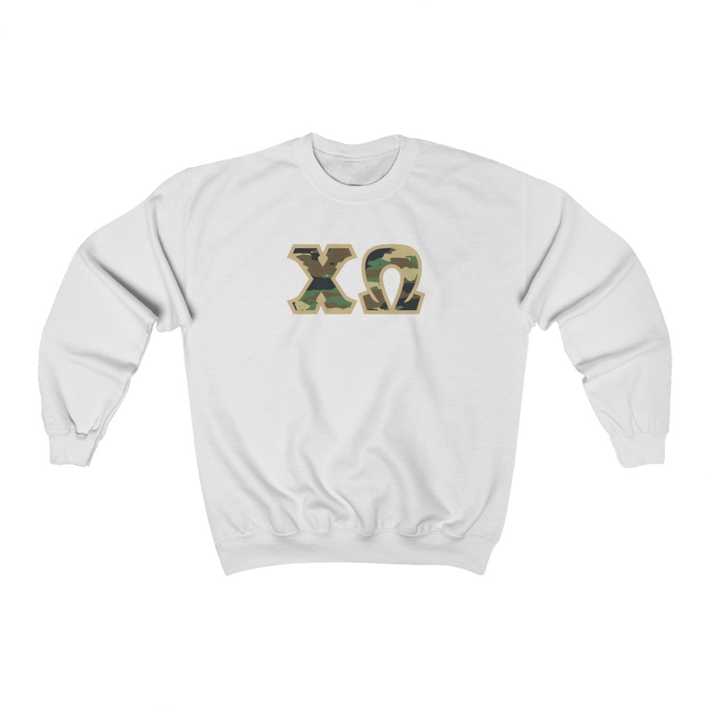 Chi Omega Printed Letters | Camouflage Crewneck