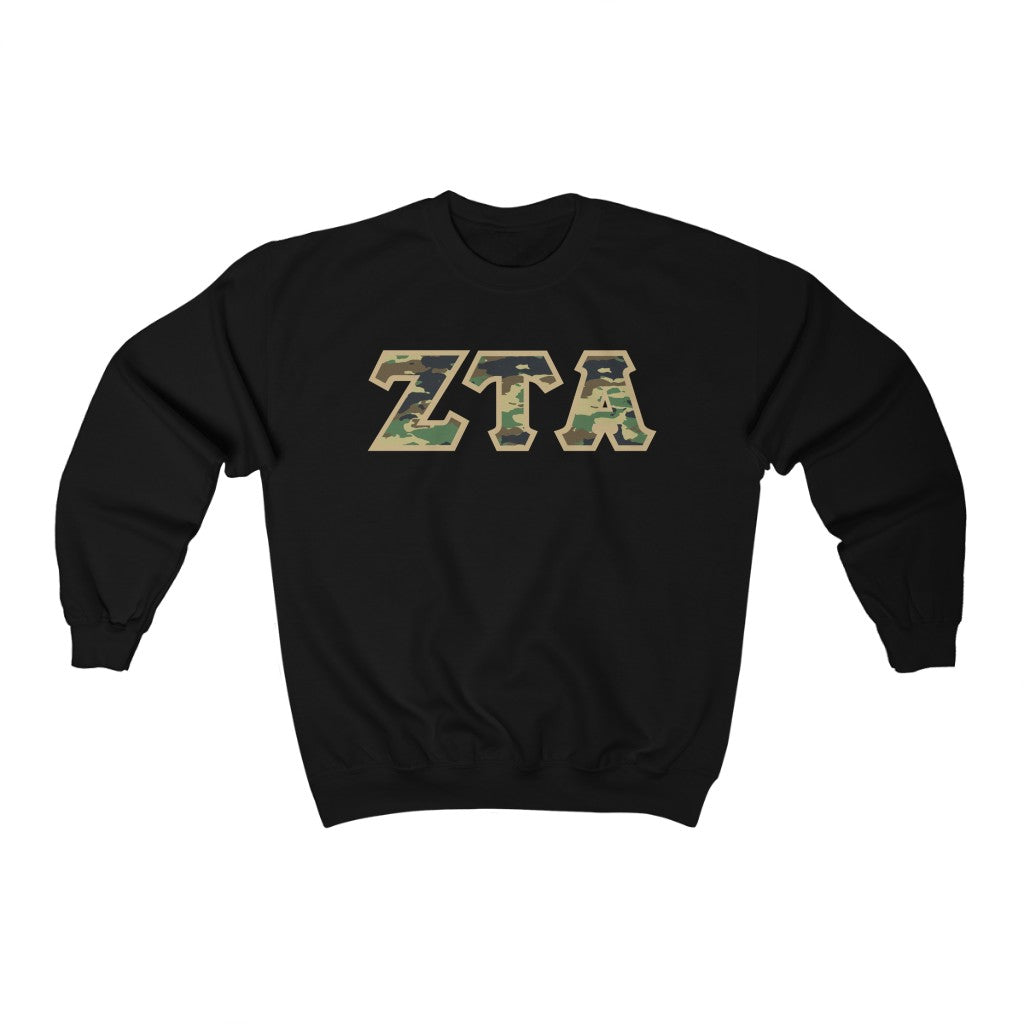 Zeta Tau Alpha Printed Letters | Camouflage Crewneck