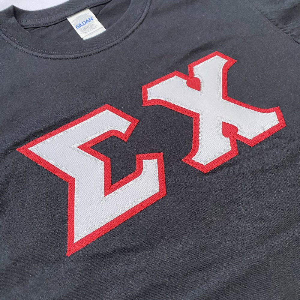 Sigma Chi Stitched Letter T-Shirt | Black | Gray with Burgundy Border