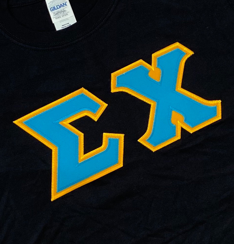 Sigma Chi Stitched Letter T-Shirt | Black | Cyan with Gold Border