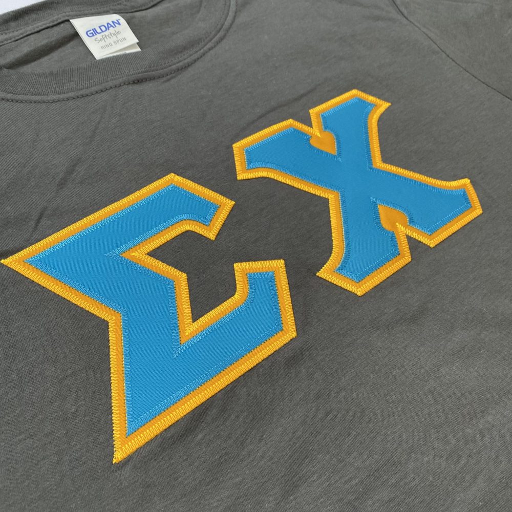 Sigma Chi Stitched Letter T-Shirt | Charcoal | Cyan with Gold Border