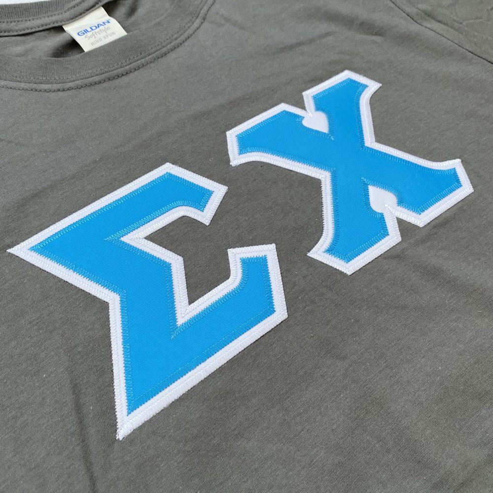 Sigma Chi Stitched Letter T-Shirt | Charcoal | Cyan with White Border