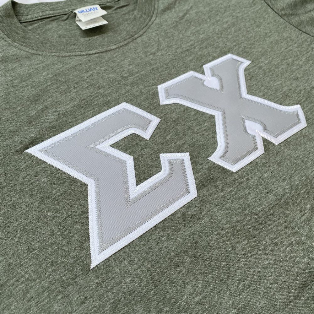 Sigma Chi Stitched Letter T-Shirt | Heather Military Green | Gray with White Border