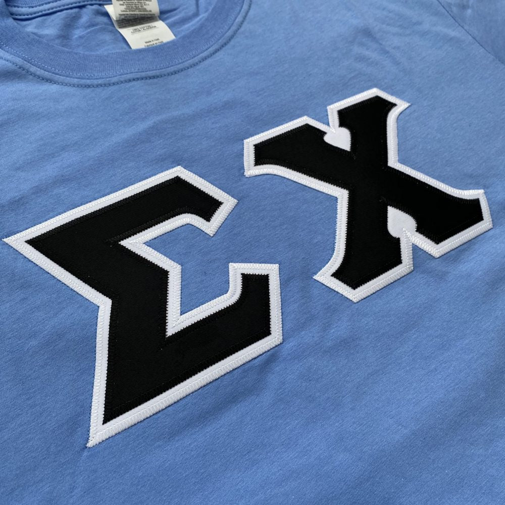 Sigma Chi Stitched Letter T-Shirt | Carolina Blue | Black with White Border