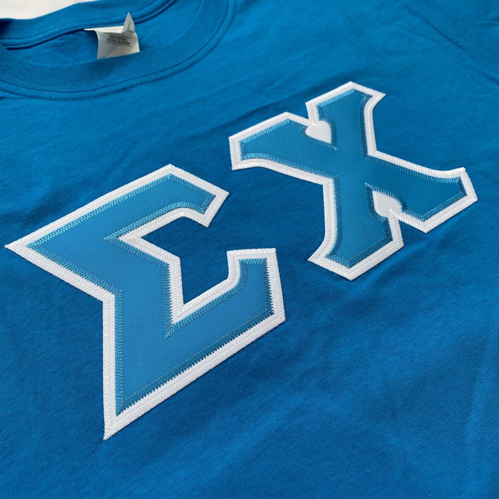 Sigma Chi Stitched Letter T-Shirt | Sapphire | Cyan with White Border