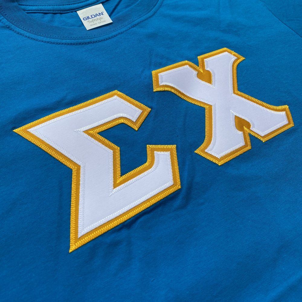 Sigma Chi Stitched Letter T-Shirt | Sapphire | White with Gold Border