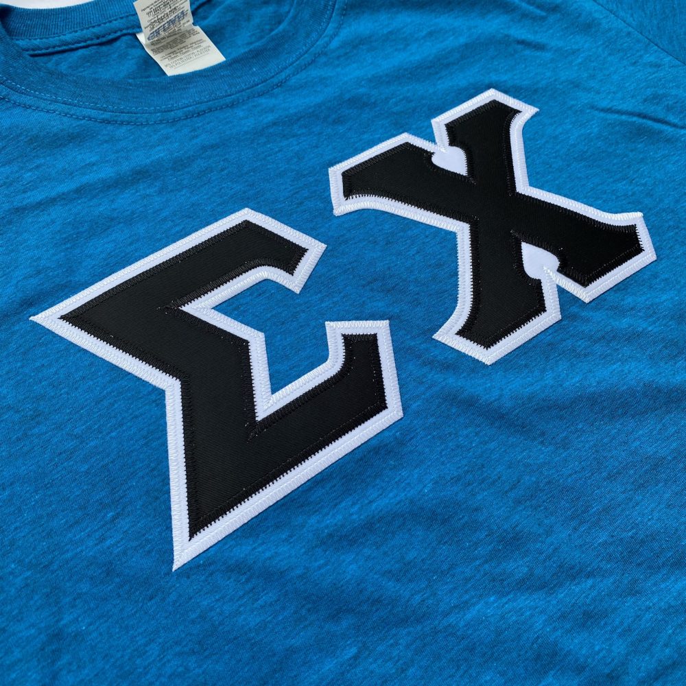 Sigma Chi Stitched Letter T-Shirt | Antique Sapphire | Black with White Border