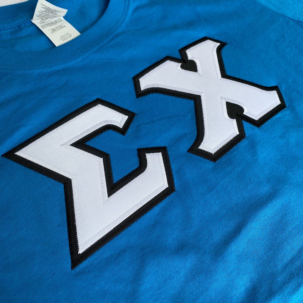Sigma Chi Stitched Letter T-Shirt | Sapphire | White with Black Border