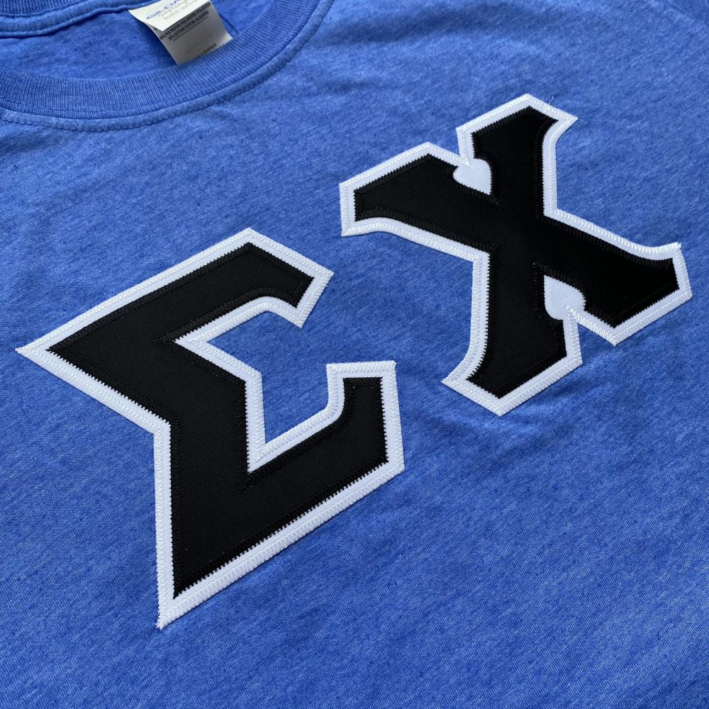 Sigma Chi Stitched Letter T-Shirt | Heather Royal | Black with White Border