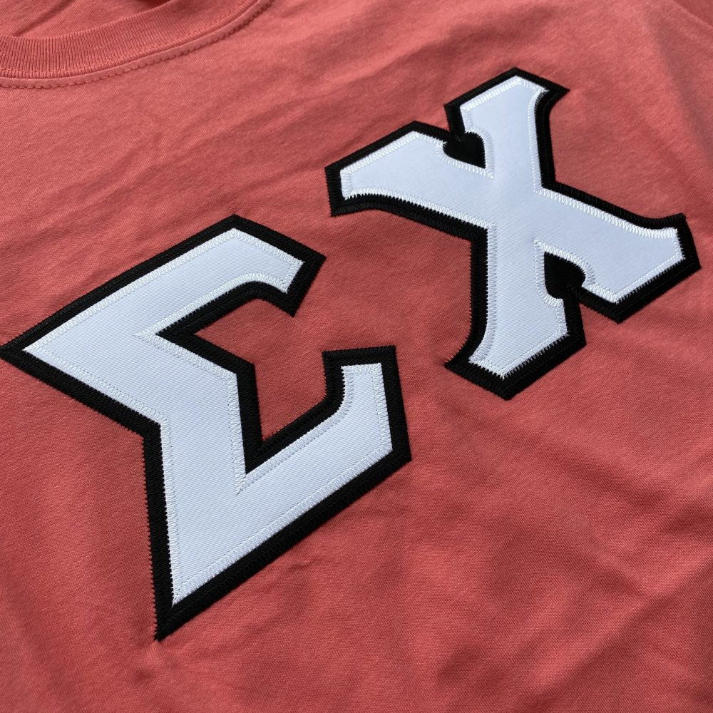 Sigma Chi Stitched Letter T-Shirt | Coral Silk | White with Black Border