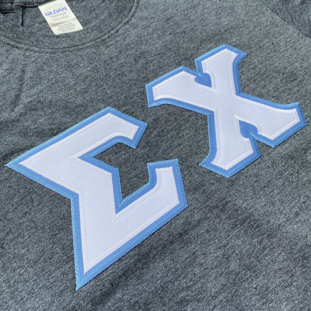 Sigma Chi Stitched Letter T-Shirt | Dark Heather | White with Columbia Blue Border