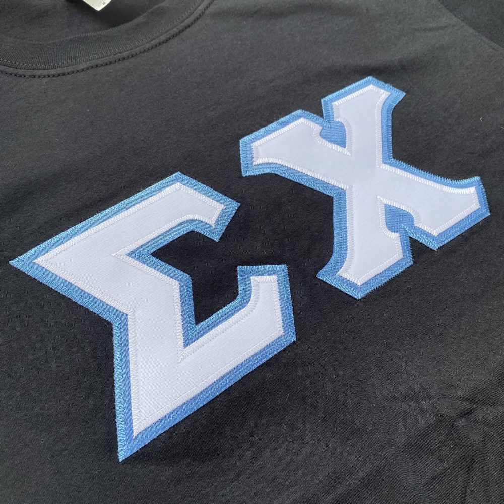 Sigma Chi Stitched Letter T-Shirt | Black | White with Columbia Blue Border