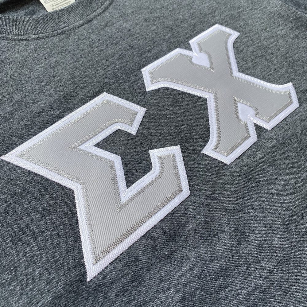 Sigma Chi Stitched Letter T-Shirt | Dark Heather | Gray with White Border
