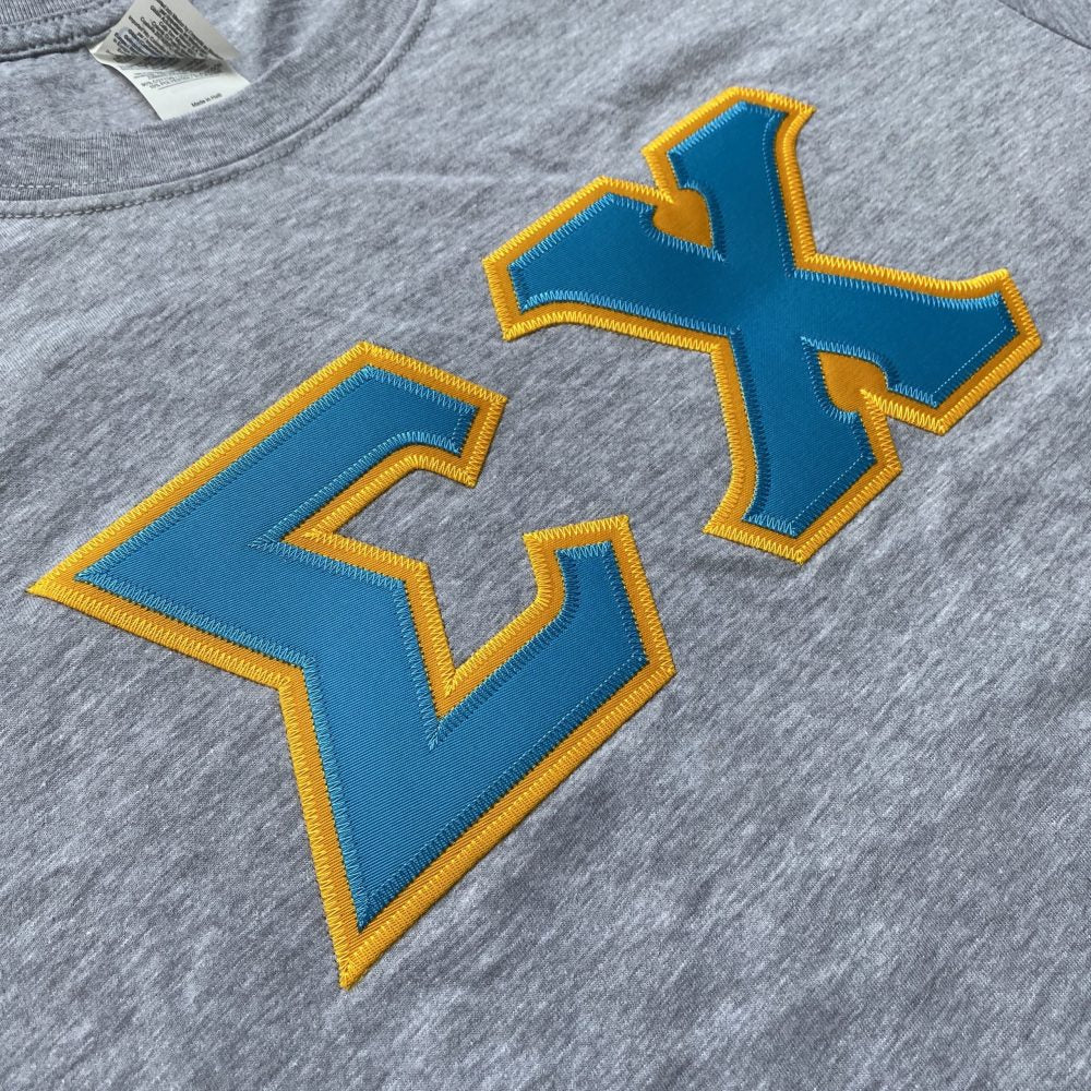 Sigma Chi Stitched Letter T-Shirt | Sport Grey | Cyan with Gold Border