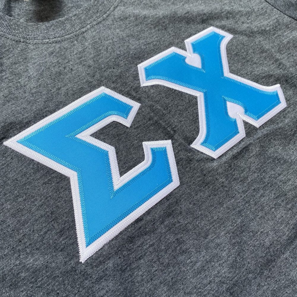 Sigma Chi Stitched Letter T-Shirt | Dark Heather | Cyan with White Border