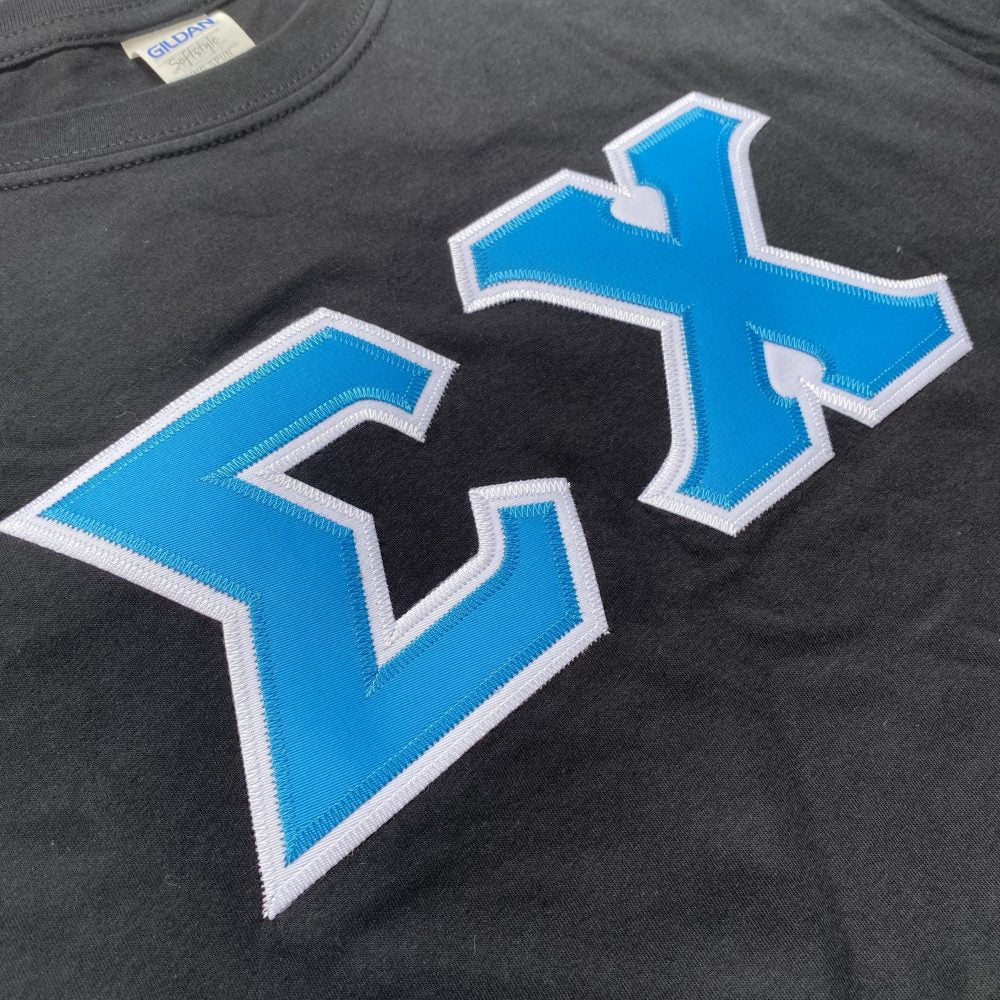 Sigma Chi Stitched Letter T-Shirt | Black | Cyan with White Border