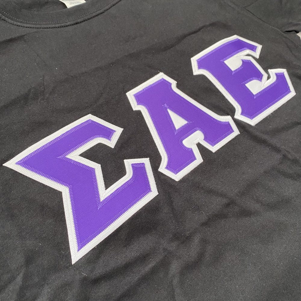 Sigma Alpha Epsilon Stitched Letter T-Shirt | Black | Purple with White Border