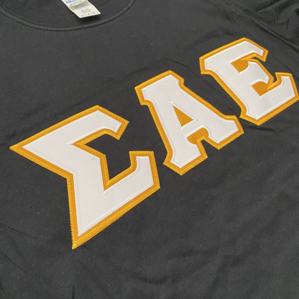 Sigma Alpha Epsilon Stitched Letter T-Shirt | Black | White with Gold Border