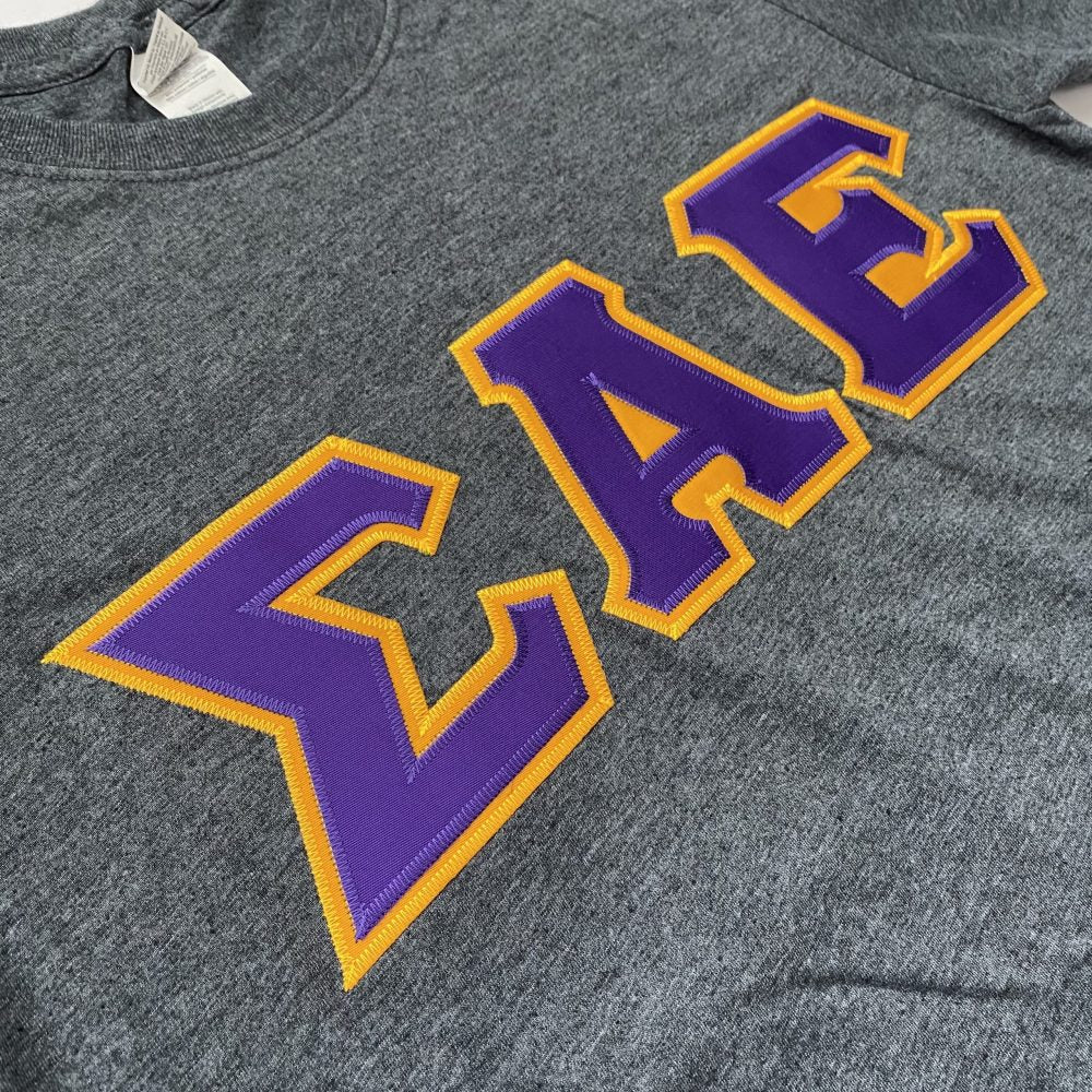 Sigma Alpha Epsilon Stitched Letter T-Shirt | Dark Heather | Purple with Gold Border