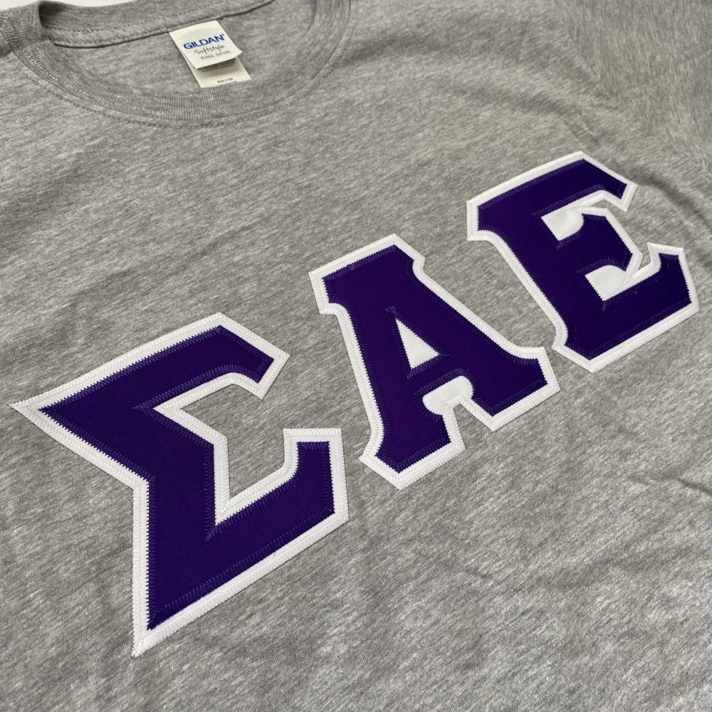 Sigma Alpha Epsilon Stitched Letter T-Shirt | Sport Grey | Purple with White Border