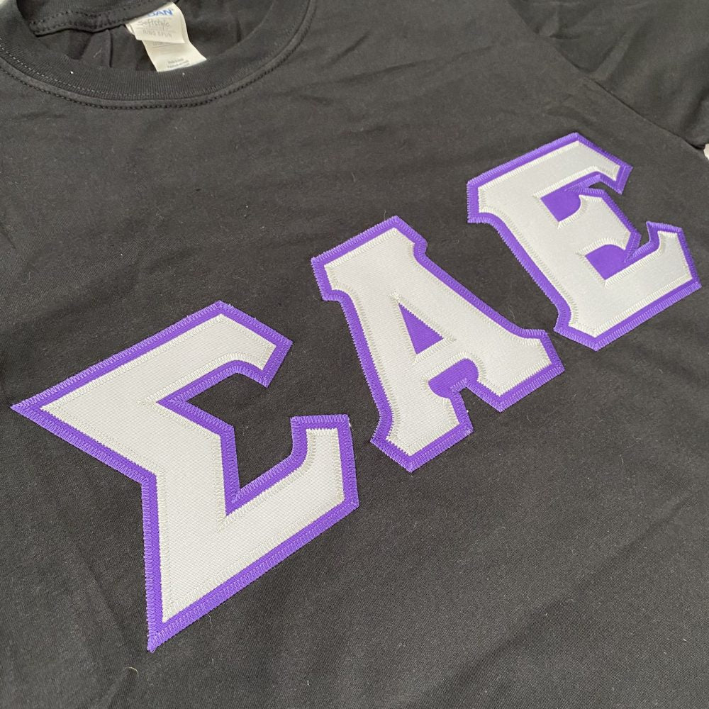 Sigma Alpha Epsilon Stitched Letter T-Shirt | Black | White with Purple Border