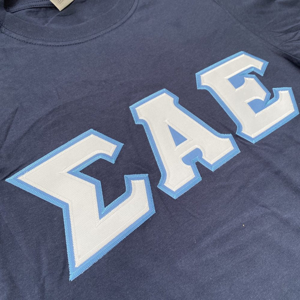 Sigma Alpha Epsilon Stitched Letter T-Shirt | Navy | White with Columbia Blue Border