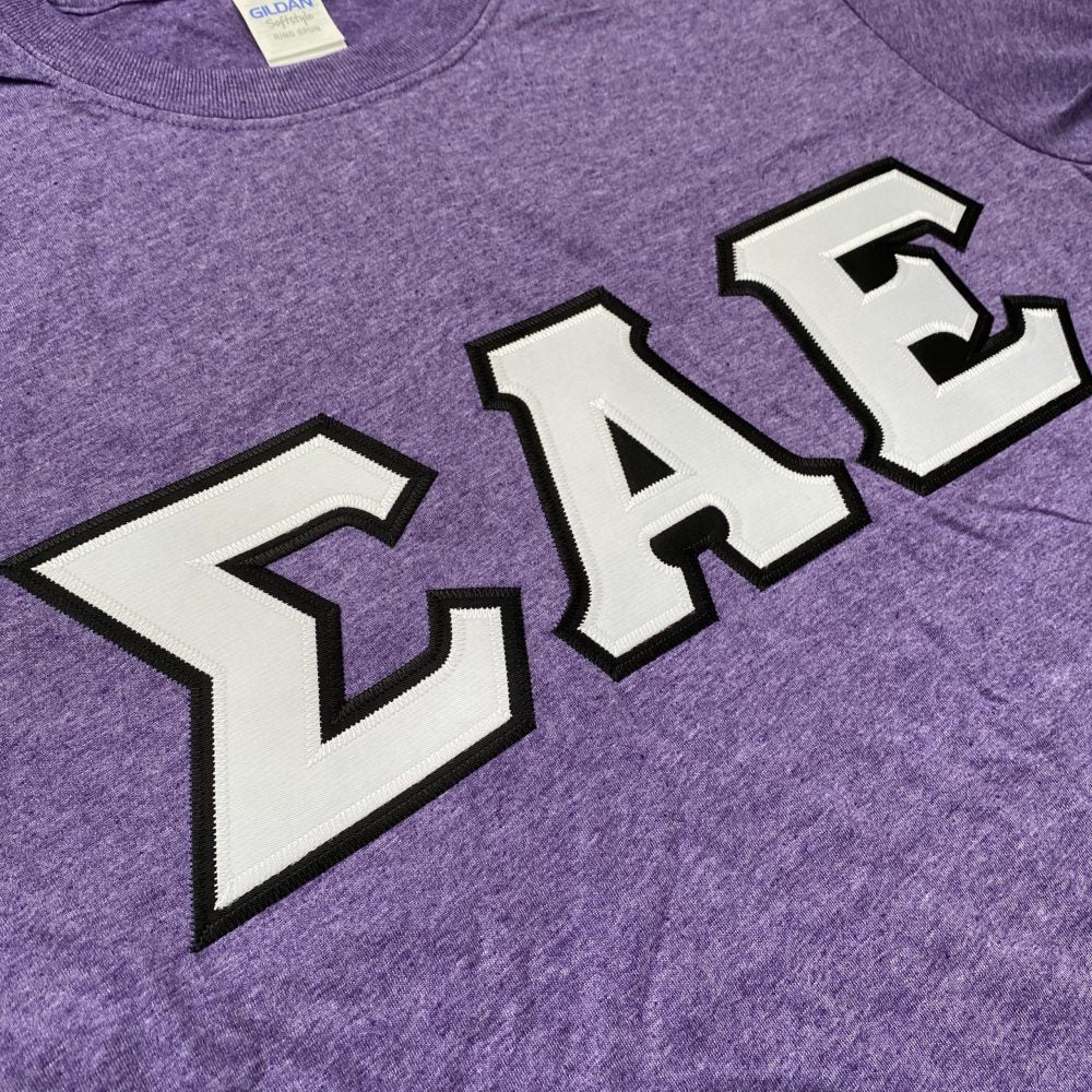 Sigma Alpha Epsilon Stitched Letter T-Shirt | Heather Purple | White with Black Border