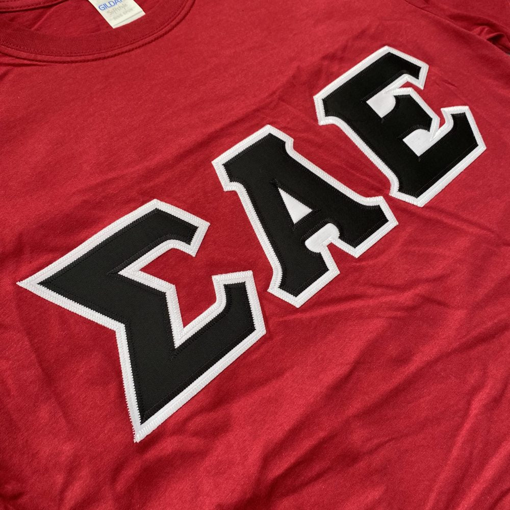 Sigma Alpha Epsilon Stitched Letter T-Shirt | Cardinal Red | Black with White Border