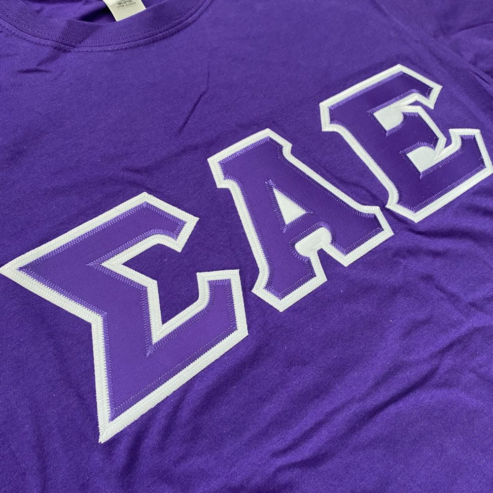 Sigma Alpha Epsilon Stitched Letter T-Shirt | Purple | Purple with White Border