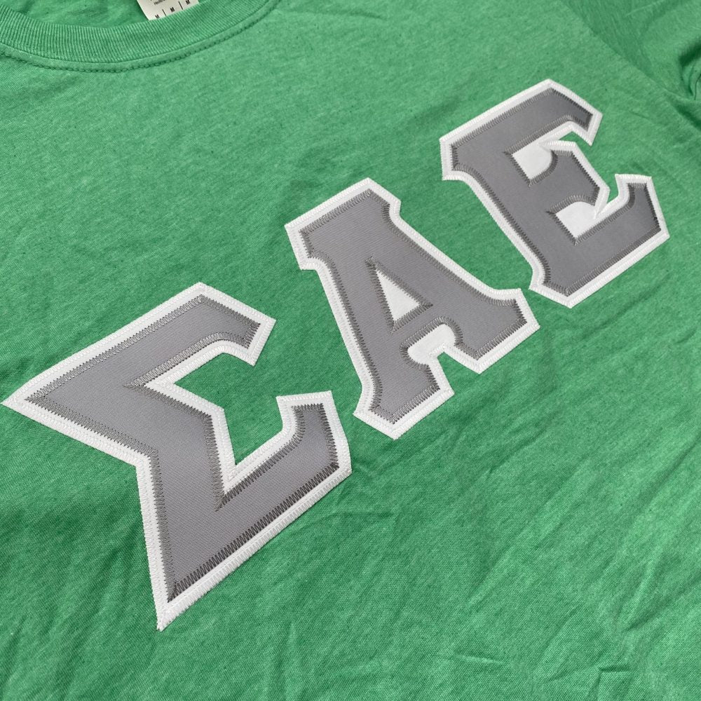 Sigma Alpha Epsilon Stitched Letter T-Shirt | Heather Irish Green | Gray with White Border