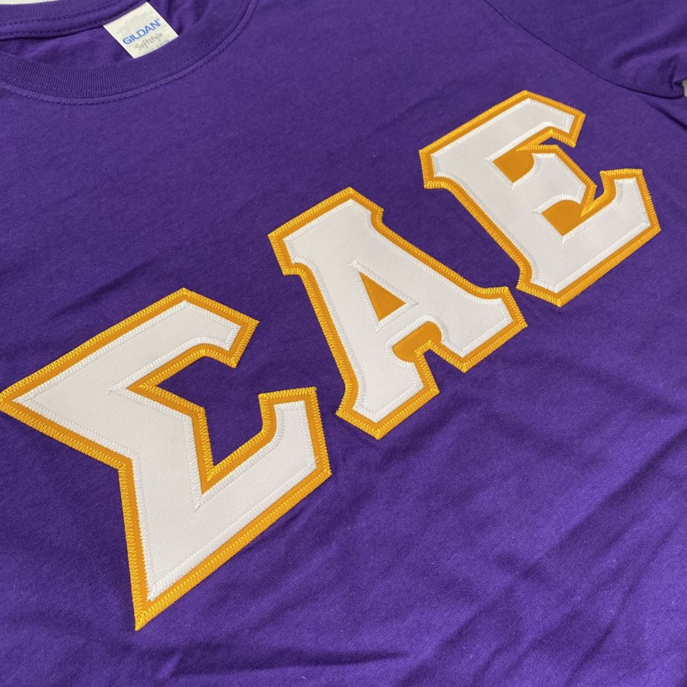 Sigma Alpha Epsilon Stitched Letter T-Shirt | Purple | White with Gold Border