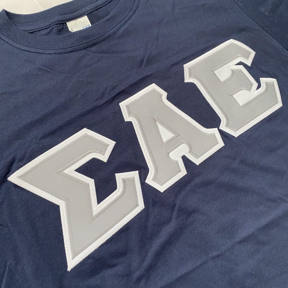 Sigma Alpha Epsilon Stitched Letter T-Shirt | Navy | Gray with White Border