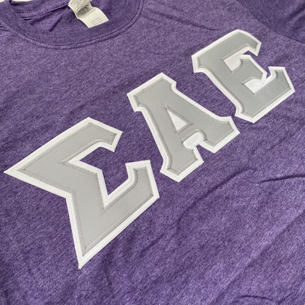 Sigma Alpha Epsilon Stitched Letter T-Shirt | Heather Purple | Gray with White Border