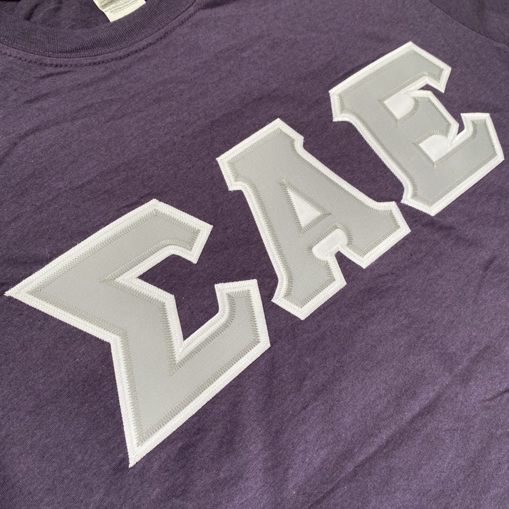 Sigma Alpha Epsilon Stitched Letter T-Shirt | Blackberry | Gray with White Border