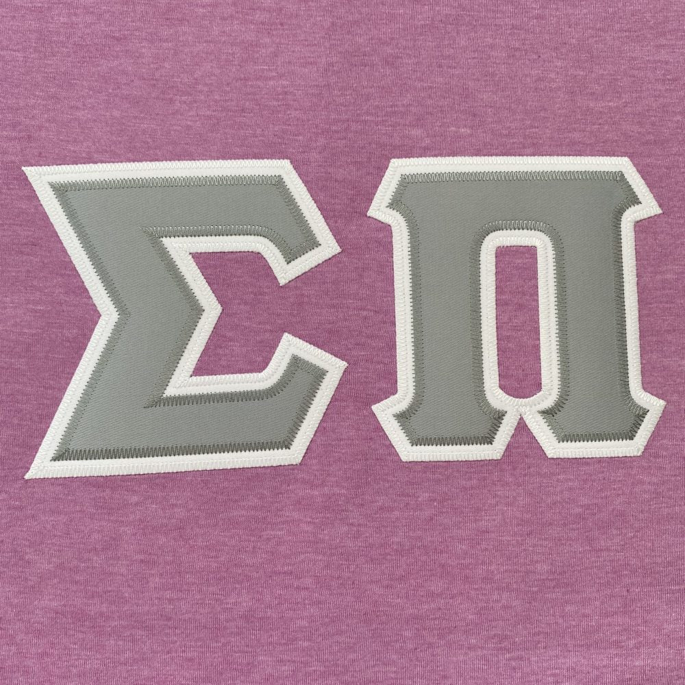 Sigma Pi Stitched Letter T-Shirt | Heather Orchid | Gray Letters with White Border