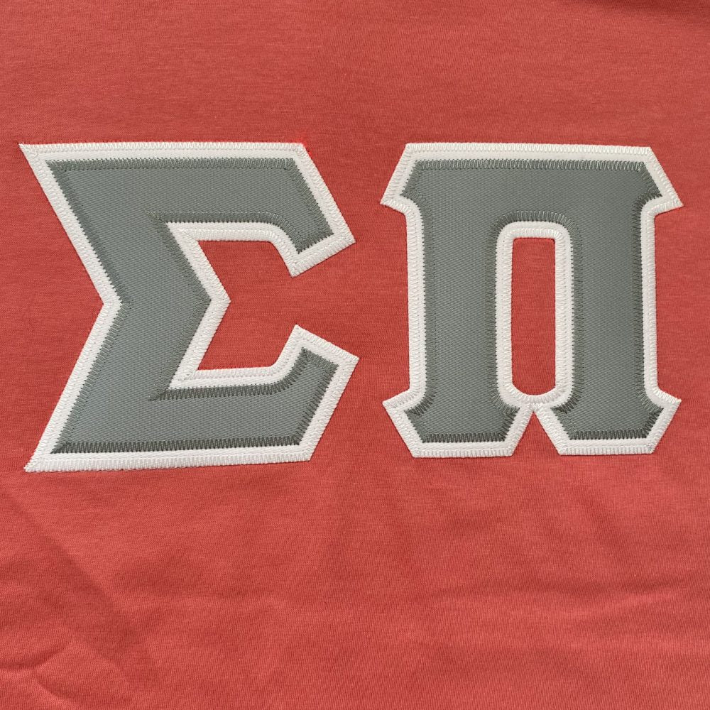 Sigma Pi Stitched Letter T-Shirt | Coral Silk | Gray Letters with White Border