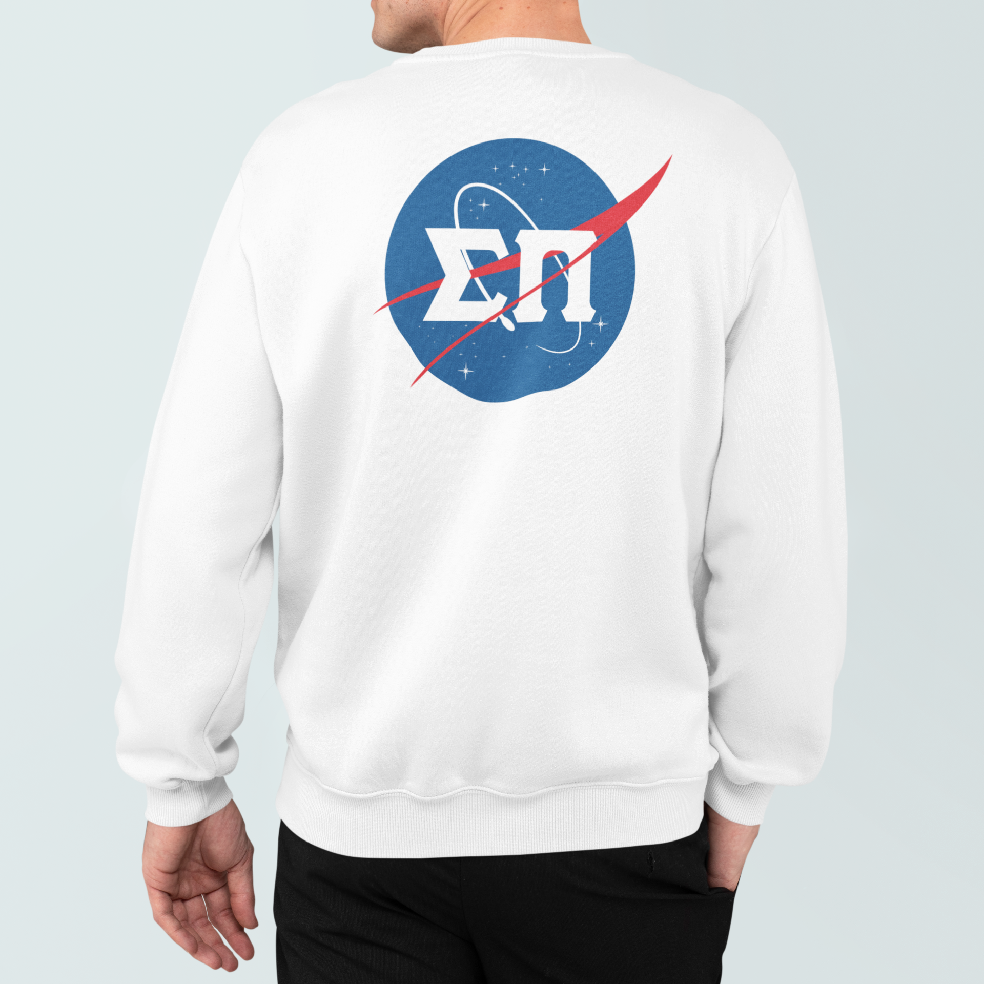 White Sigma Pi Graphic Crewneck Sweatshirt | Nasa 2.0 | Sigma Pi Apparel and Merchandise model 
