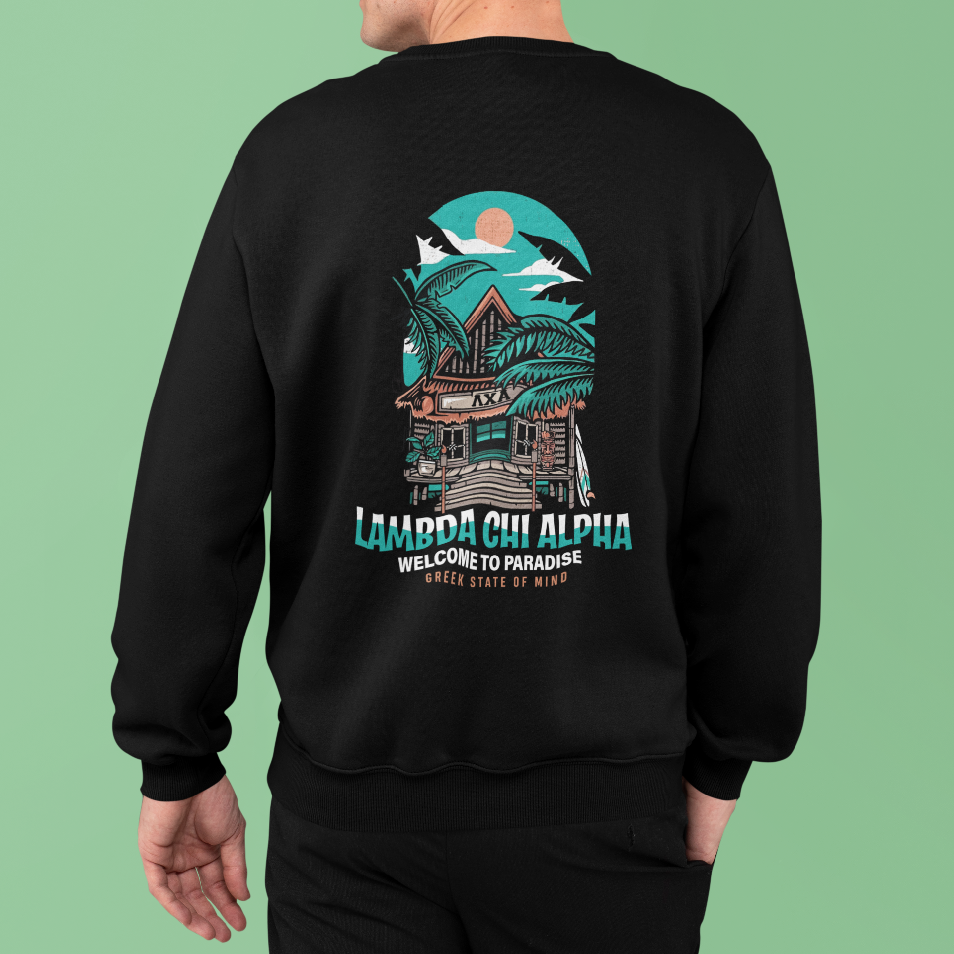 black Lambda Chi Alpha Graphic Crewneck Sweatshirt | Welcome to Paradise | Lambda Chi Alpha Fraternity Shirt model 